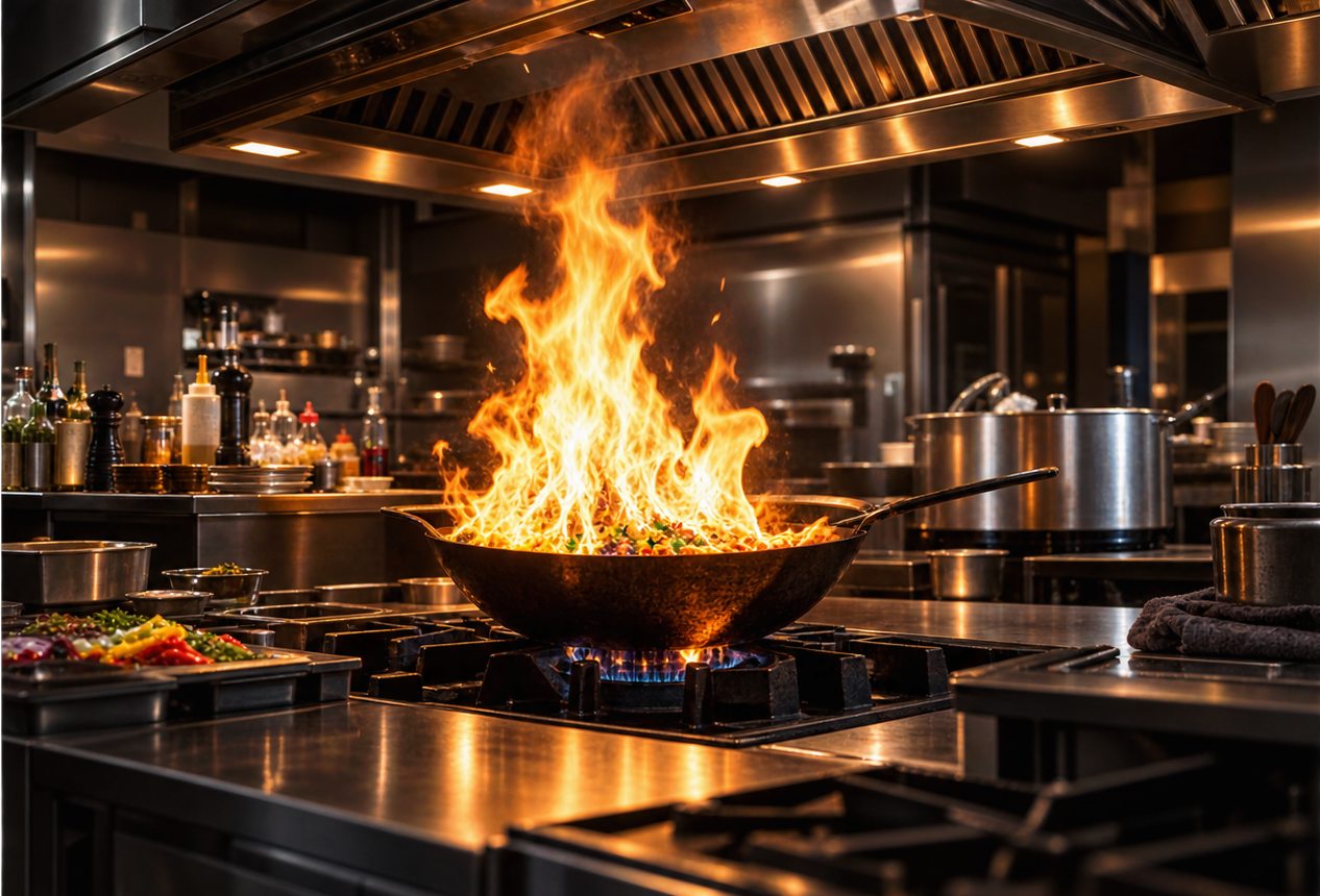 Commercial kitchen catering equipment on fire ready for service